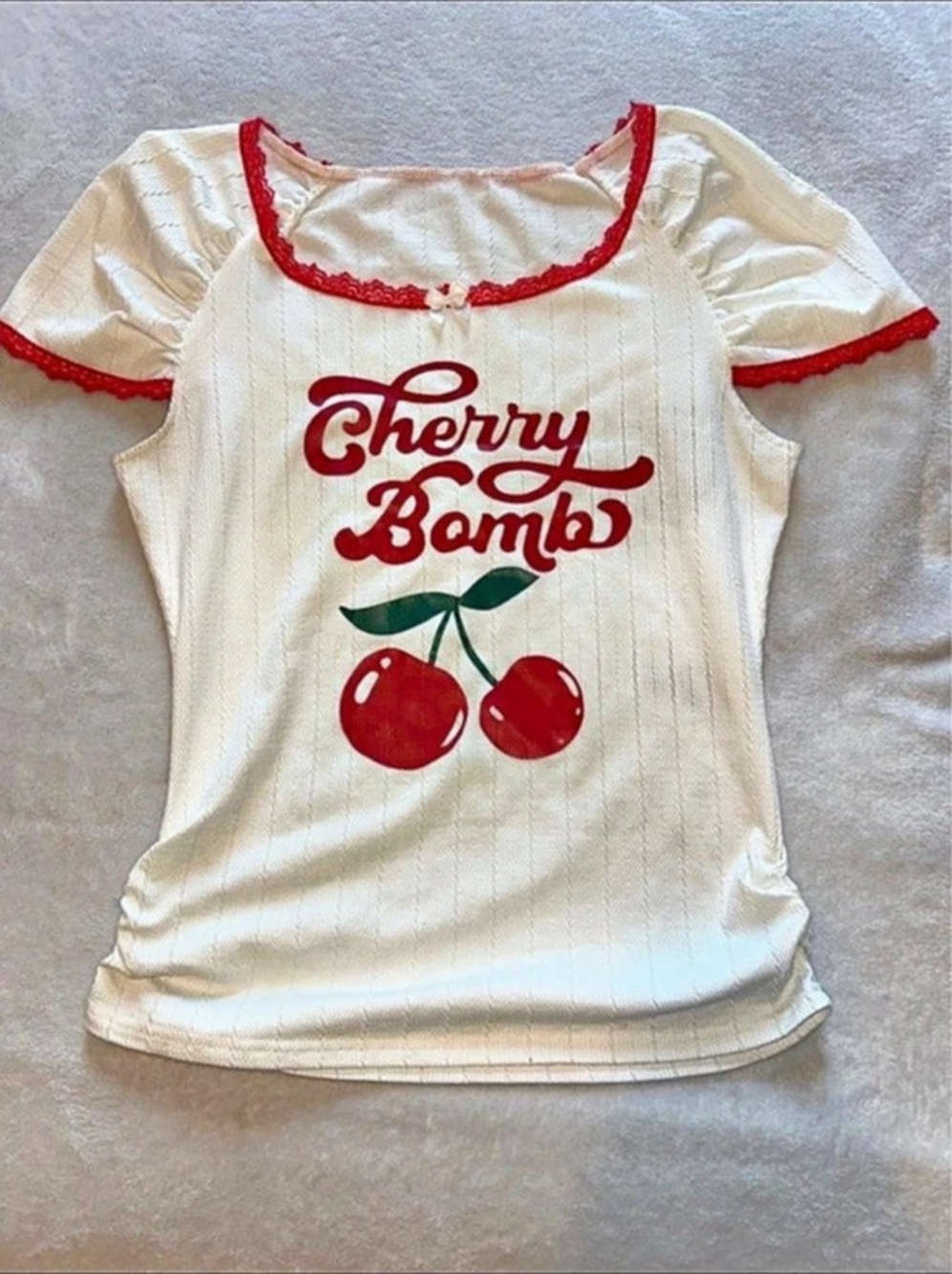Romwe Cherry Bomb Graphic Tee in Cream & Red Size Medium Like New